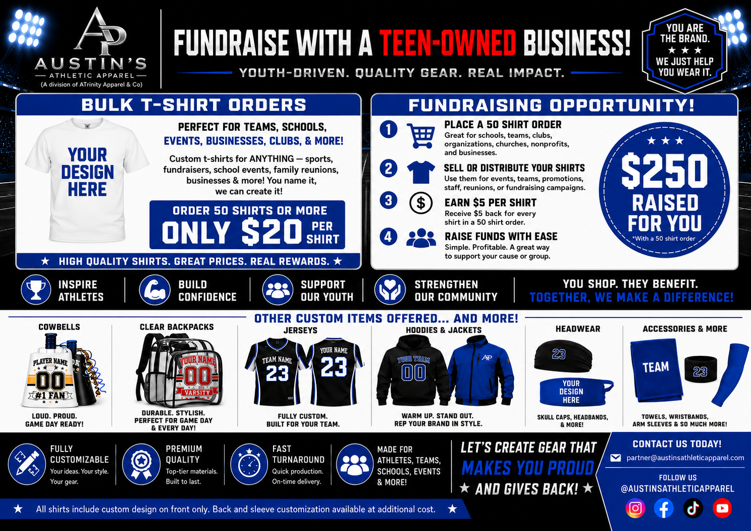 Austin's Athletic Apparel fundraising opportunity flyer